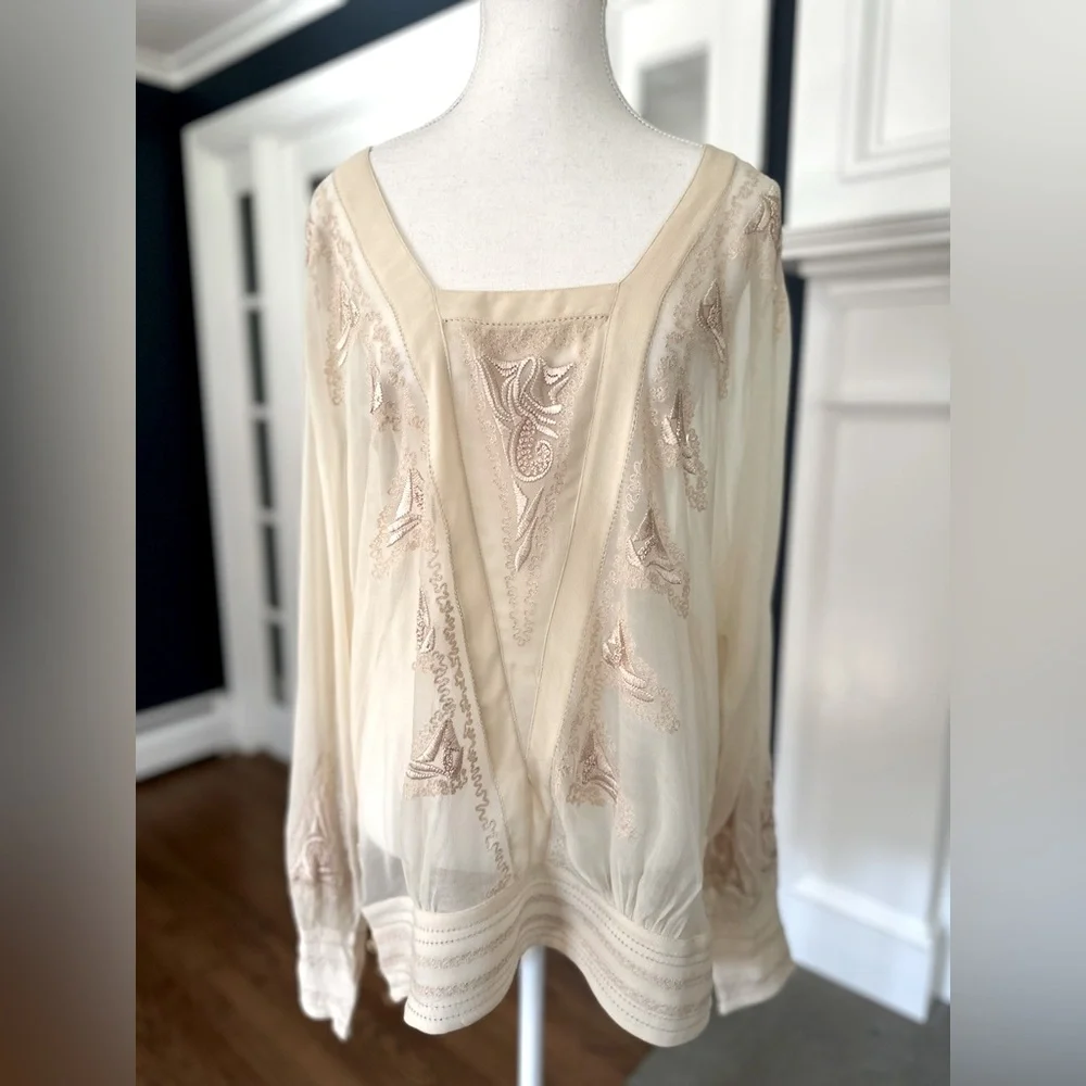Anthropologie Long Sleeve Embroidered Blouse With Banded Waist, Cream: Size 4